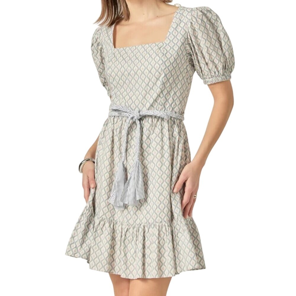 ENGLISH FACTORY Small‎ Cotton Floral Print with Combo Braided Belt Mini Dress